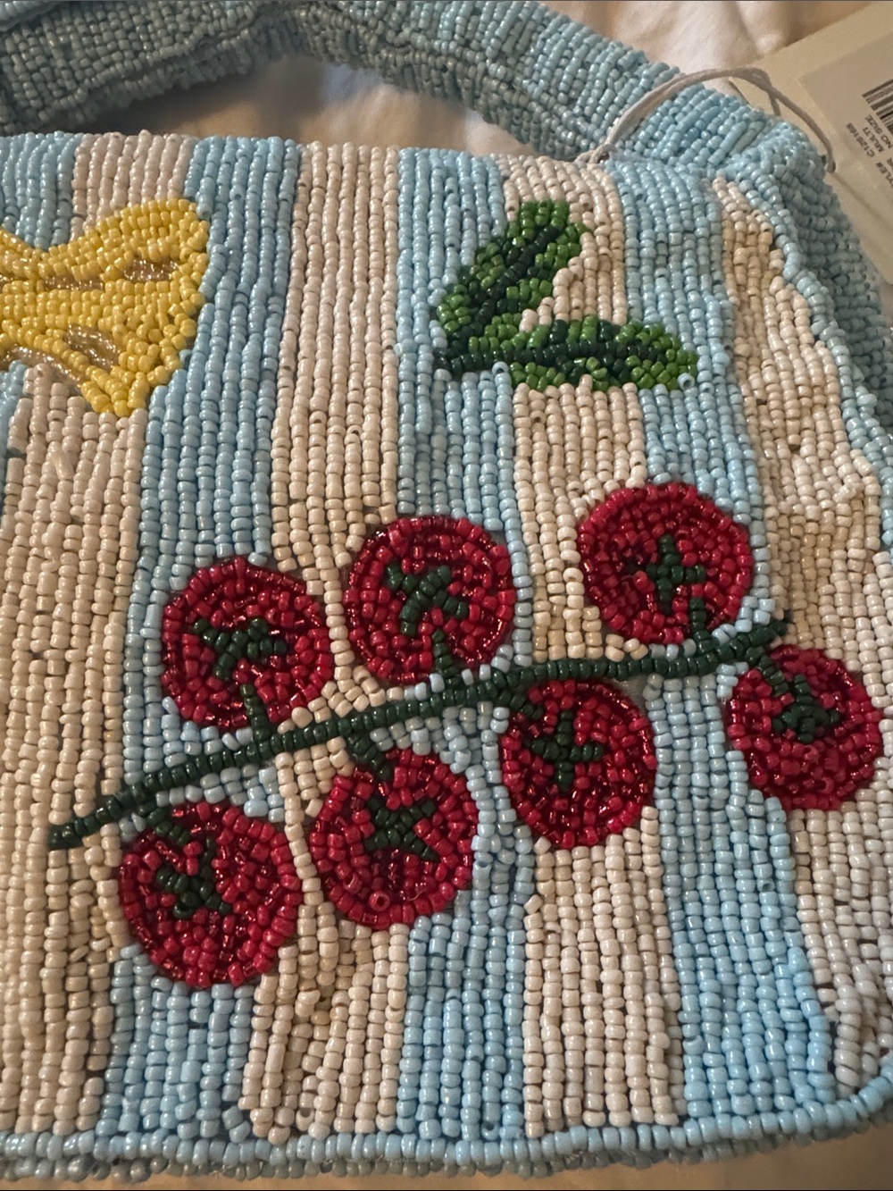Sol and Mer Beaded Light Blue Striped Top-Handle Bag with Pasta and Tomato Motif - Picture 4 of 9